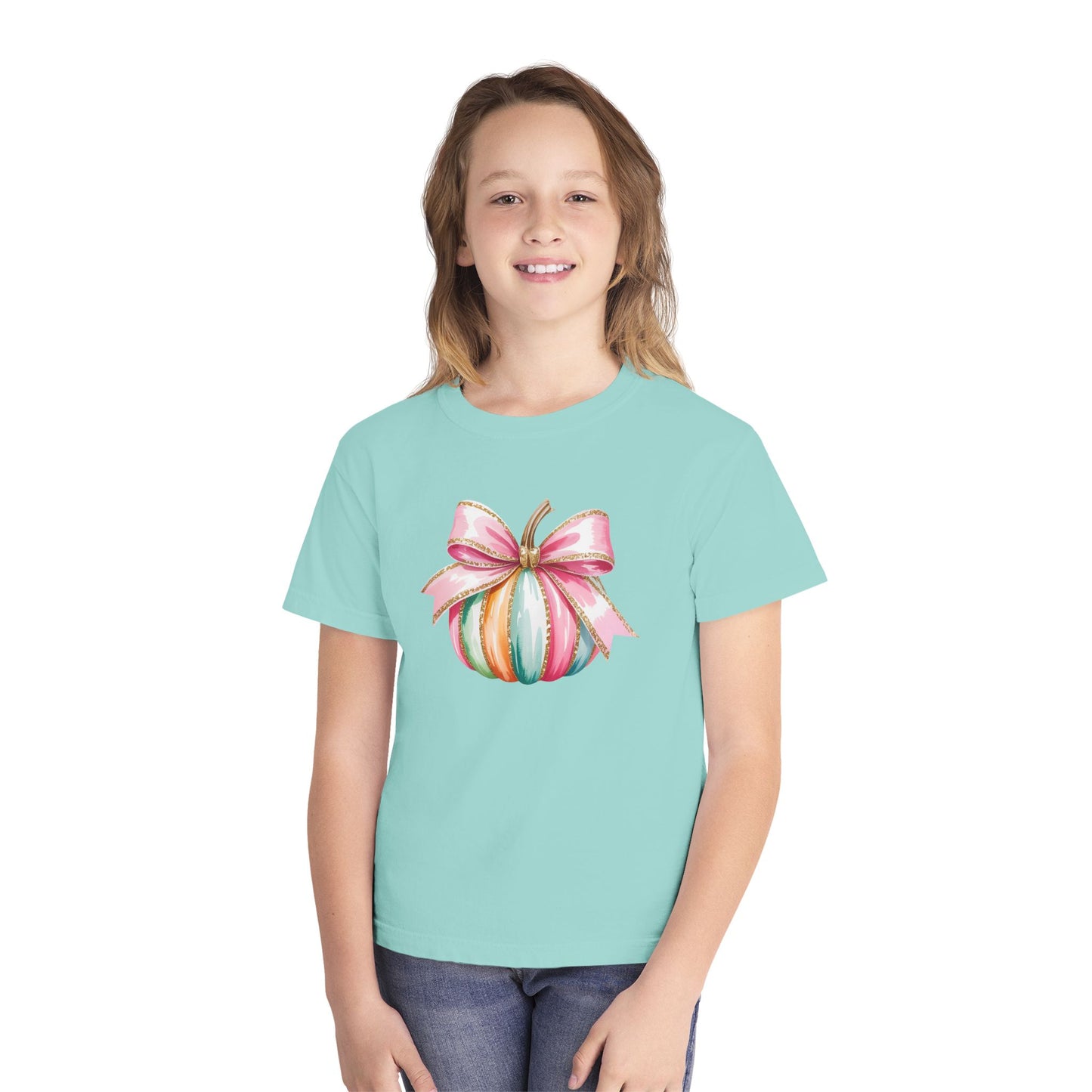Pastel Pumpkin Bow Kids T-Shirt – Cute Fall Shirt for Girls, Festive Fall Tee, Thanksgiving & Halloween Outfit