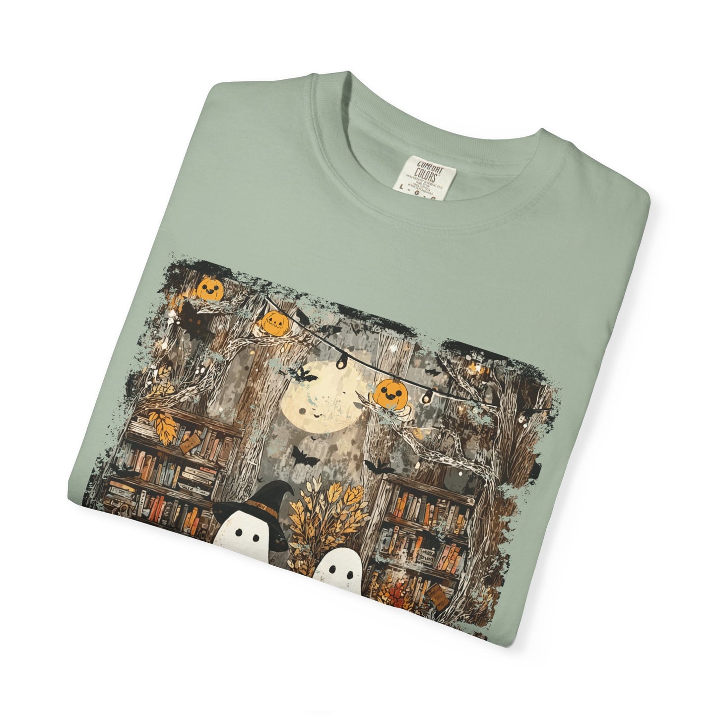 Ghost Library Comfort Colors T-Shirt | Cozy Halloween Reading Graphic Tee