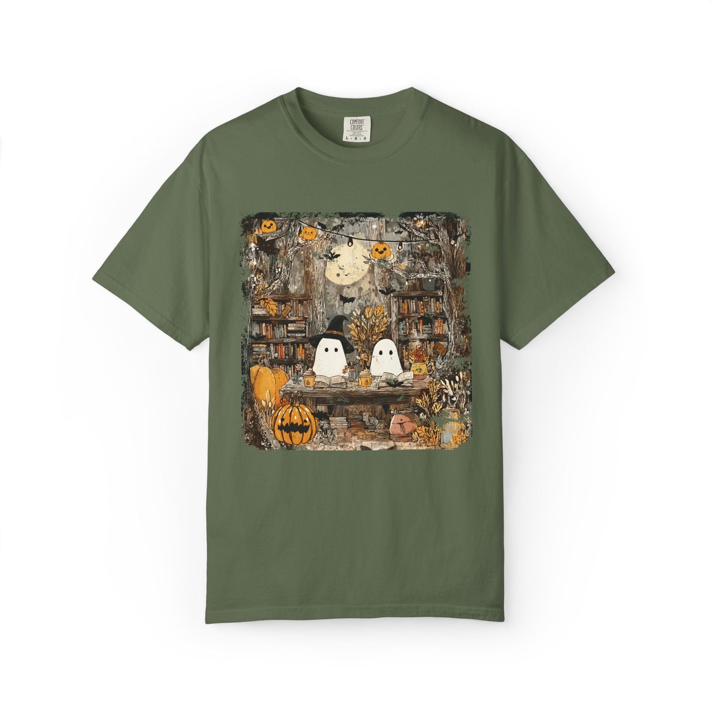Ghost Library Comfort Colors T-Shirt | Cozy Halloween Reading Graphic Tee