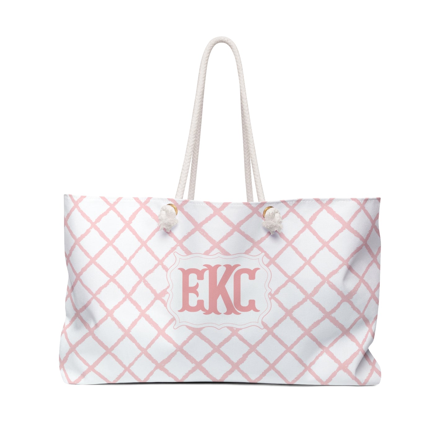 Personalized Pink Lattice Rope Handle Weekender Tote Bag