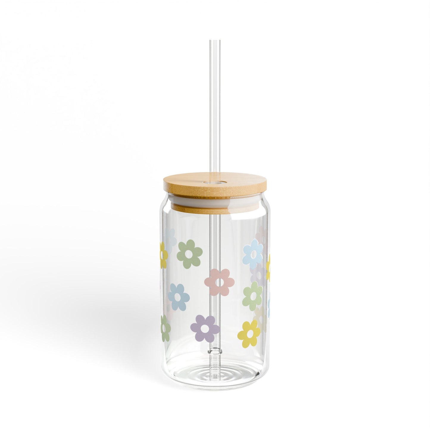 Pastel Wildflower Glass Can Tumbler with Bamboo Lid & Straw | Cute Iced Coffee Cup