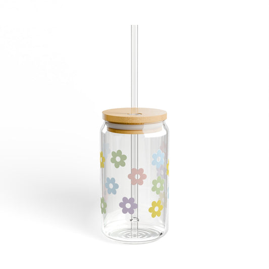 Pastel Wildflower Glass Can Tumbler with Bamboo Lid & Straw | Cute Iced Coffee Cup