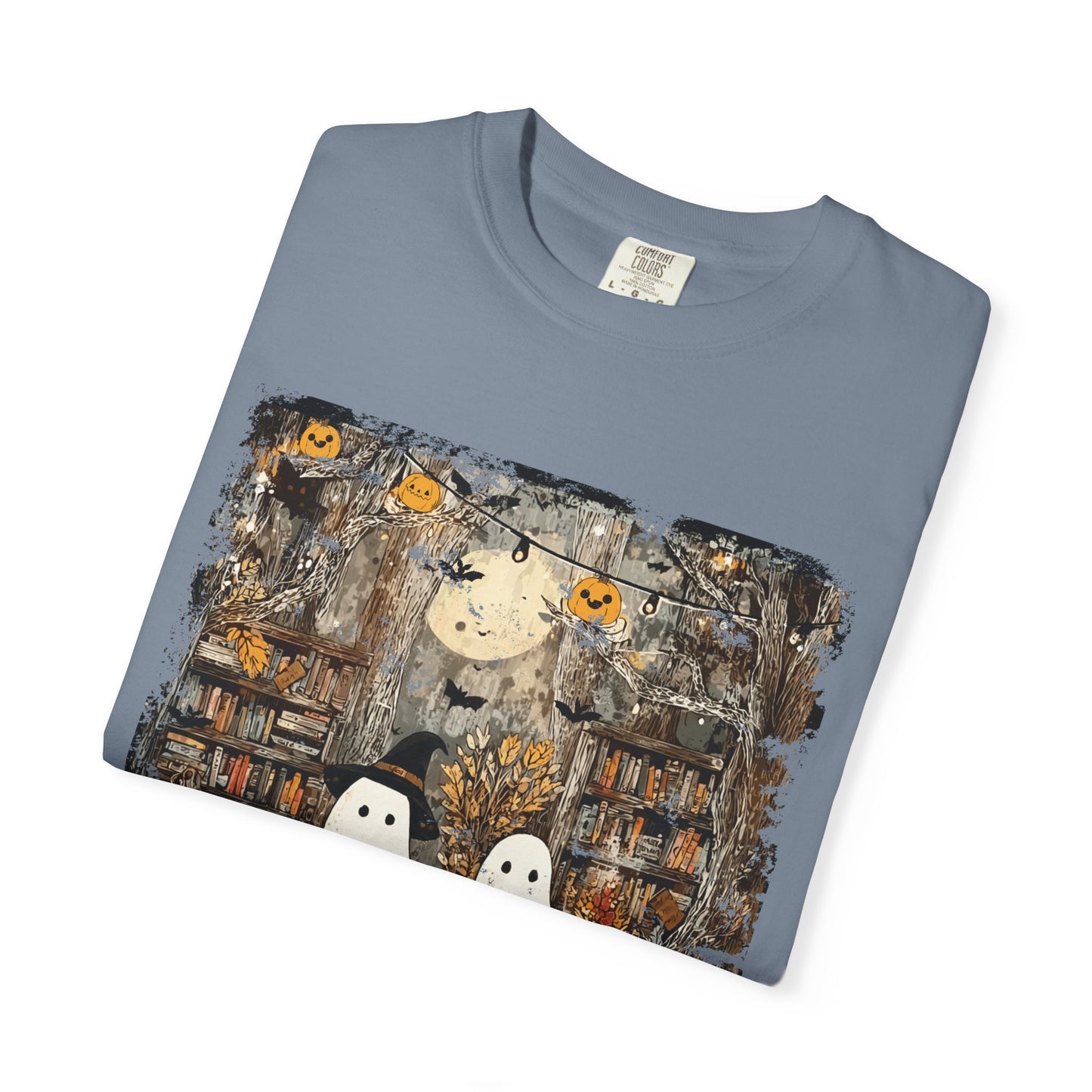 Ghost Library Comfort Colors T-Shirt | Cozy Halloween Reading Graphic Tee
