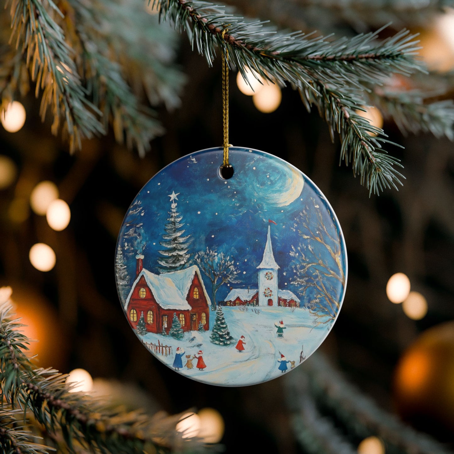 Folk Art Christmas Village Ornament | Cozy Winter Scene Ceramic Keepsake | The Anchored Bloom Holiday Collection