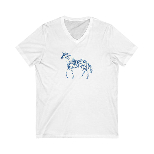Floral Horse V-Neck T-Shirt - Blue Vine