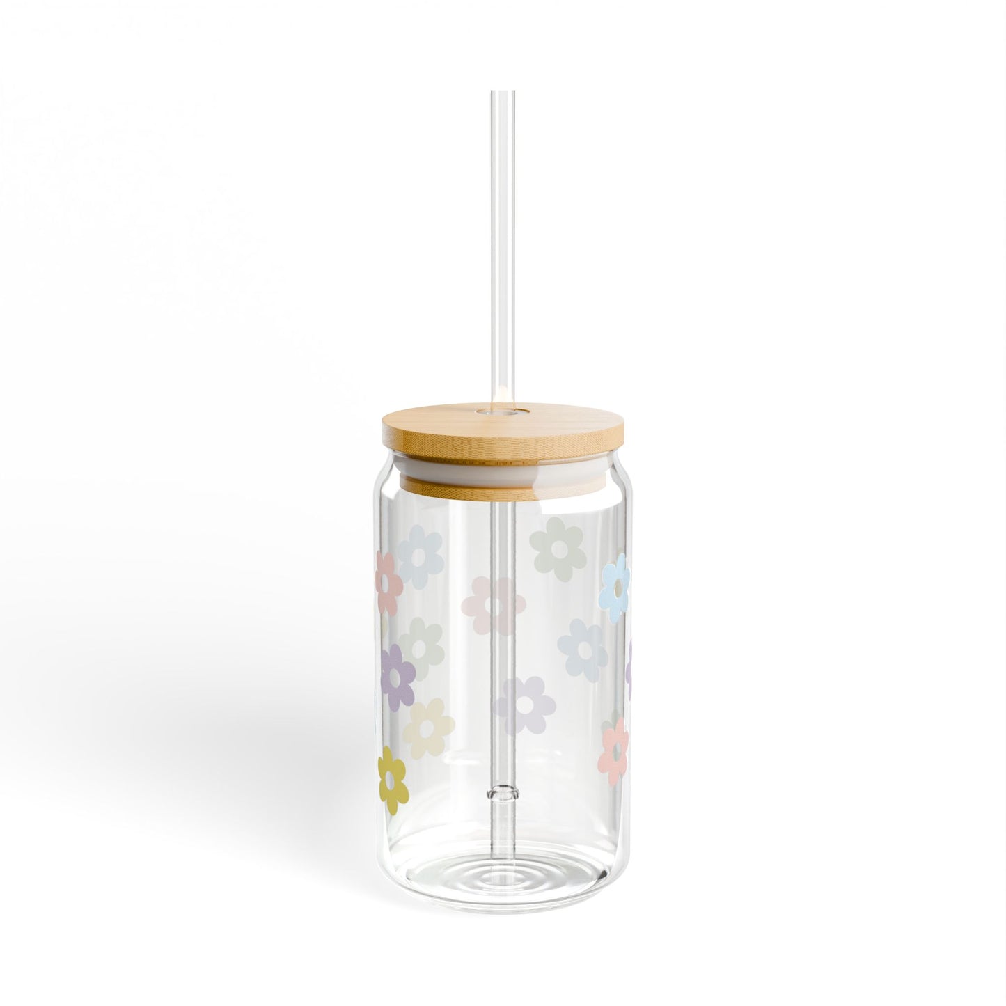 Pastel Wildflower Glass Can Tumbler with Bamboo Lid & Straw | Cute Iced Coffee Cup