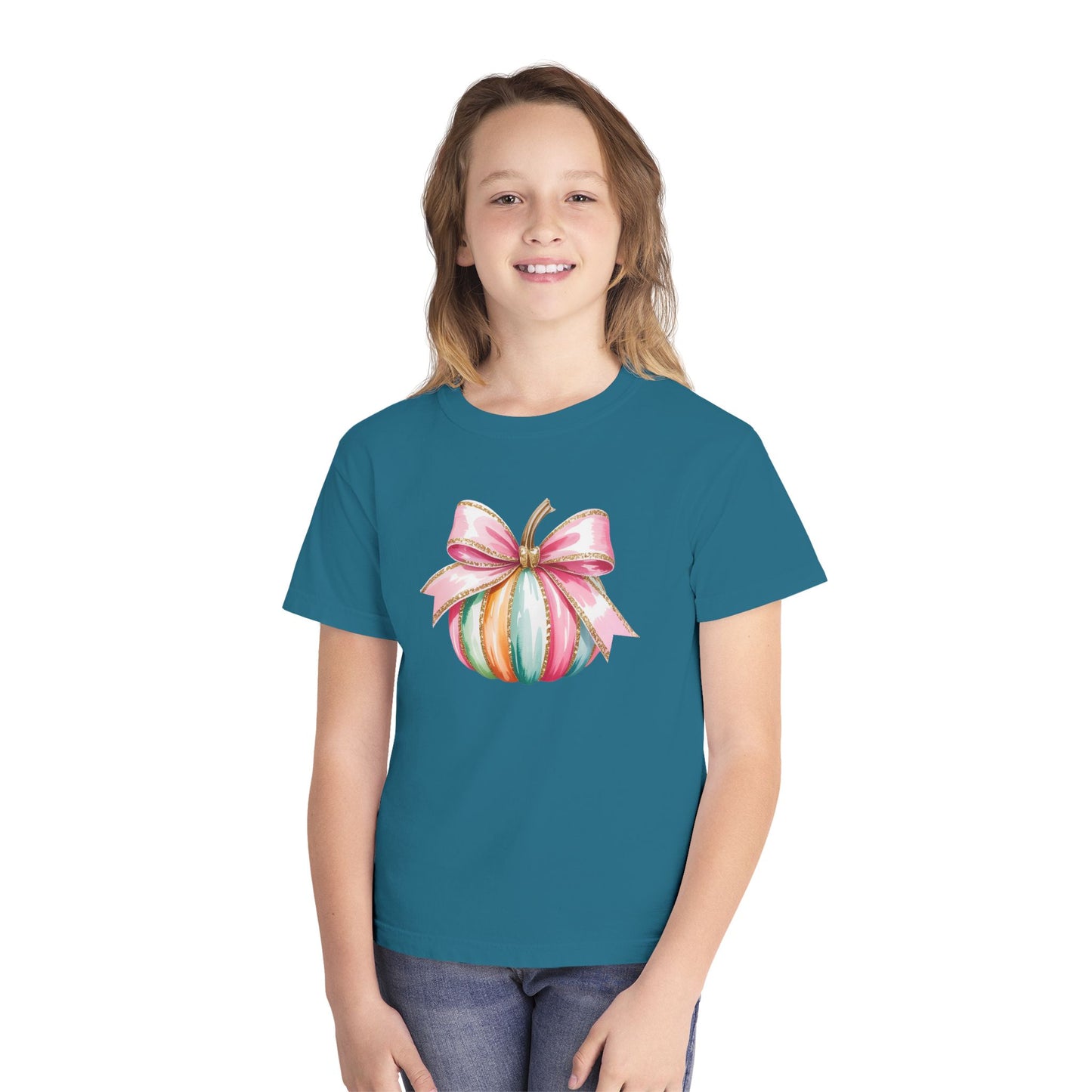 Pastel Pumpkin Bow Kids T-Shirt – Cute Fall Shirt for Girls, Festive Fall Tee, Thanksgiving & Halloween Outfit
