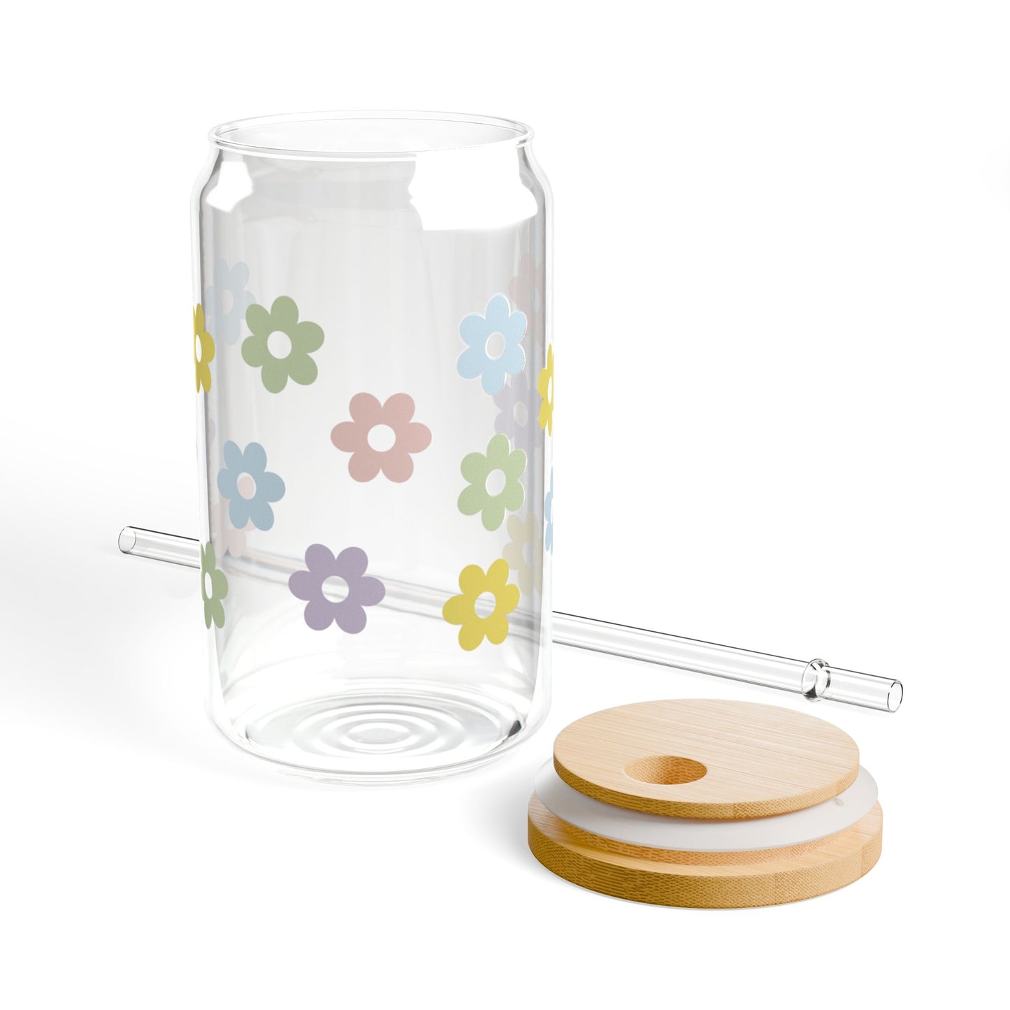 Pastel Wildflower Glass Can Tumbler with Bamboo Lid & Straw | Cute Iced Coffee Cup