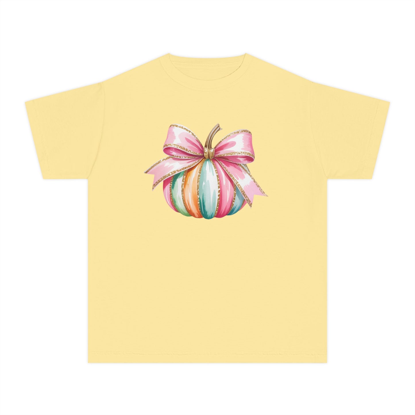 Pastel Pumpkin Bow Kids T-Shirt – Cute Fall Shirt for Girls, Festive Fall Tee, Thanksgiving & Halloween Outfit