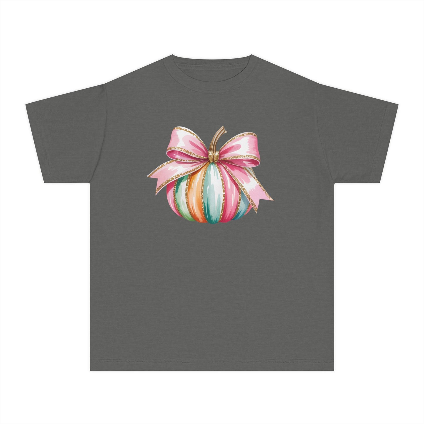 Pastel Pumpkin Bow Kids T-Shirt – Cute Fall Shirt for Girls, Festive Fall Tee, Thanksgiving & Halloween Outfit