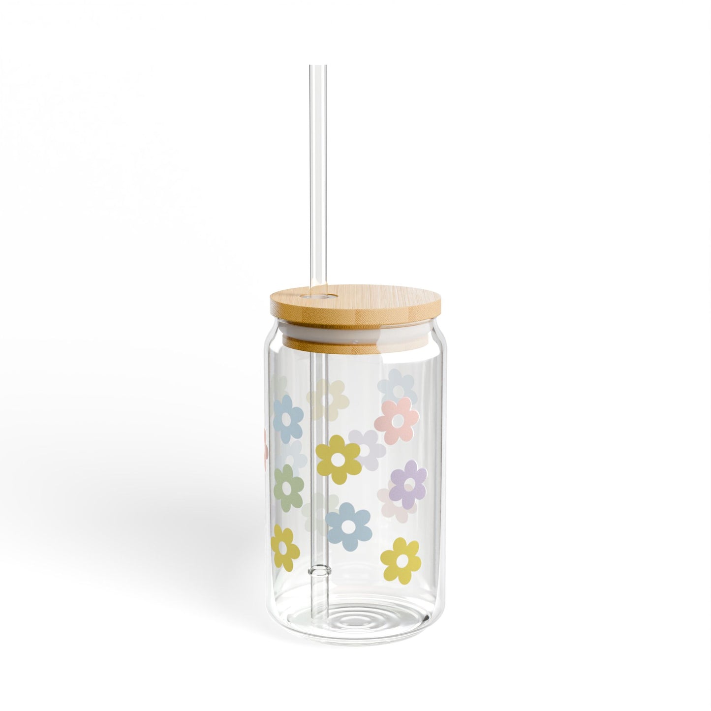 Pastel Wildflower Glass Can Tumbler with Bamboo Lid & Straw | Cute Iced Coffee Cup
