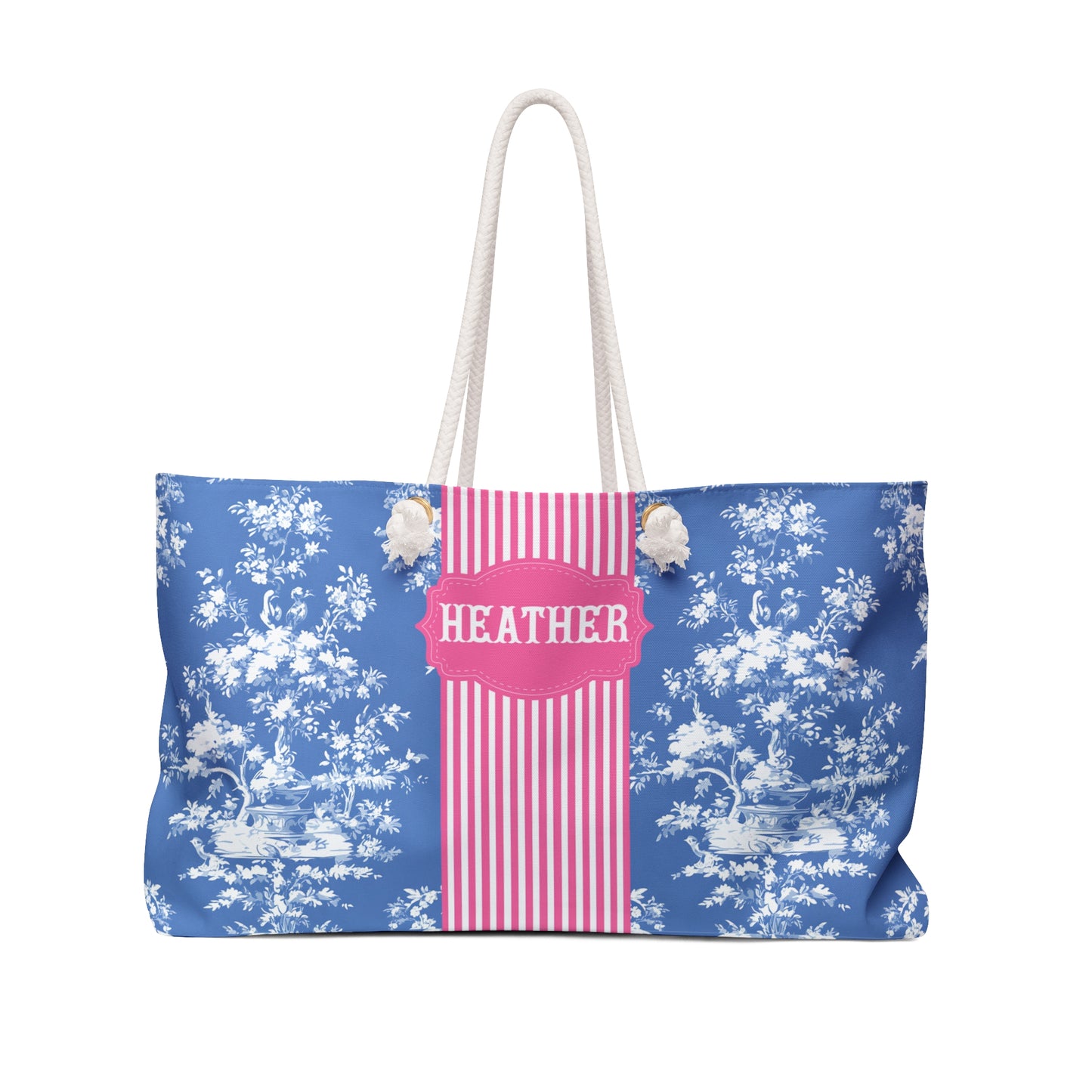 Personalized Blue Floral Rope Handle Tote Bag