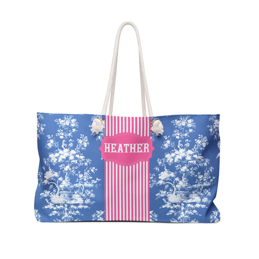 Personalized Blue Floral Rope Handle Tote Bag